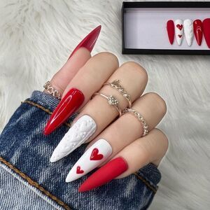 Red White Sweater Heart ❤️ Custom Press On Nails | Handmade Nails | Valentine